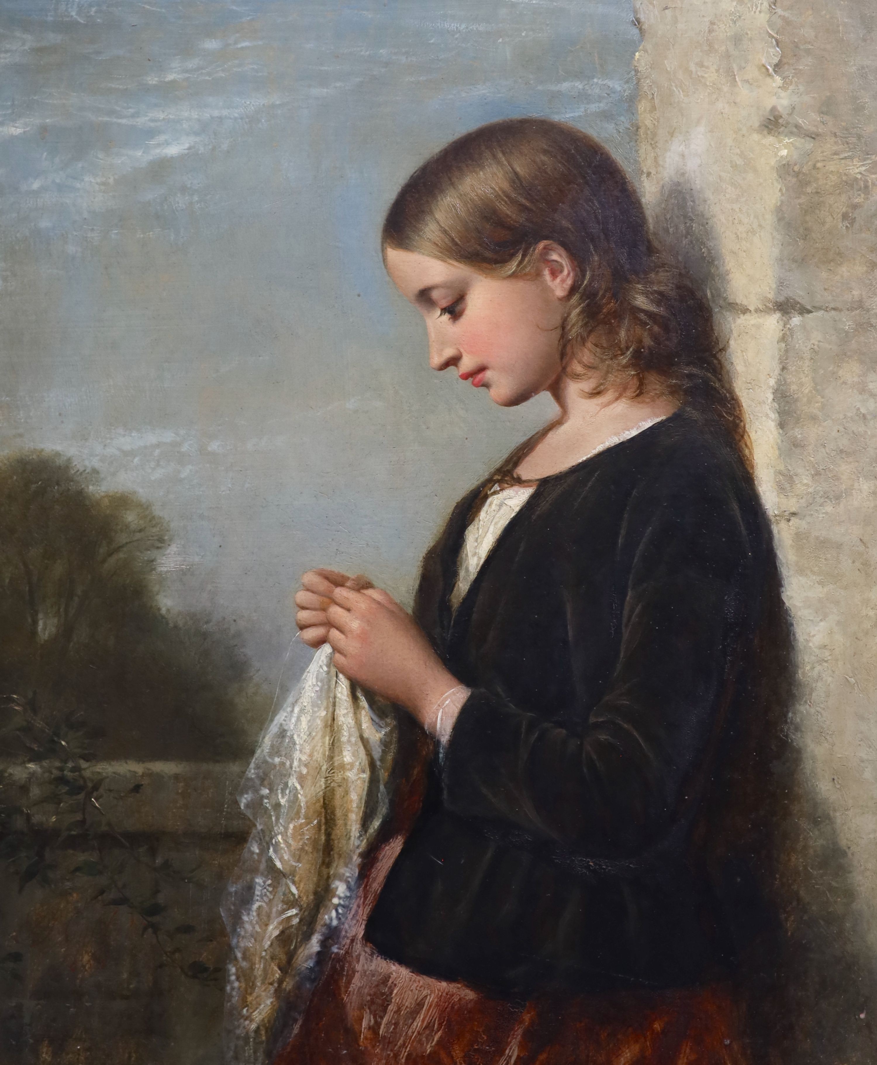 Edward John Cobbett (1815-1899), Girl with a lace handkerchief, Oil on panel, 42 x 34cm.